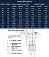 Jacket size chart with measurements for chest, waist, sleeve length, and jacket length.