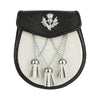 Semi-Dress Black Leather Sporran with White Fur & Thistle Design Cantle – Highland Kilt Accessory
