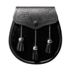 Semi-Dress Black Leather Sporran with Black Fur & Grained Flap Button Closure